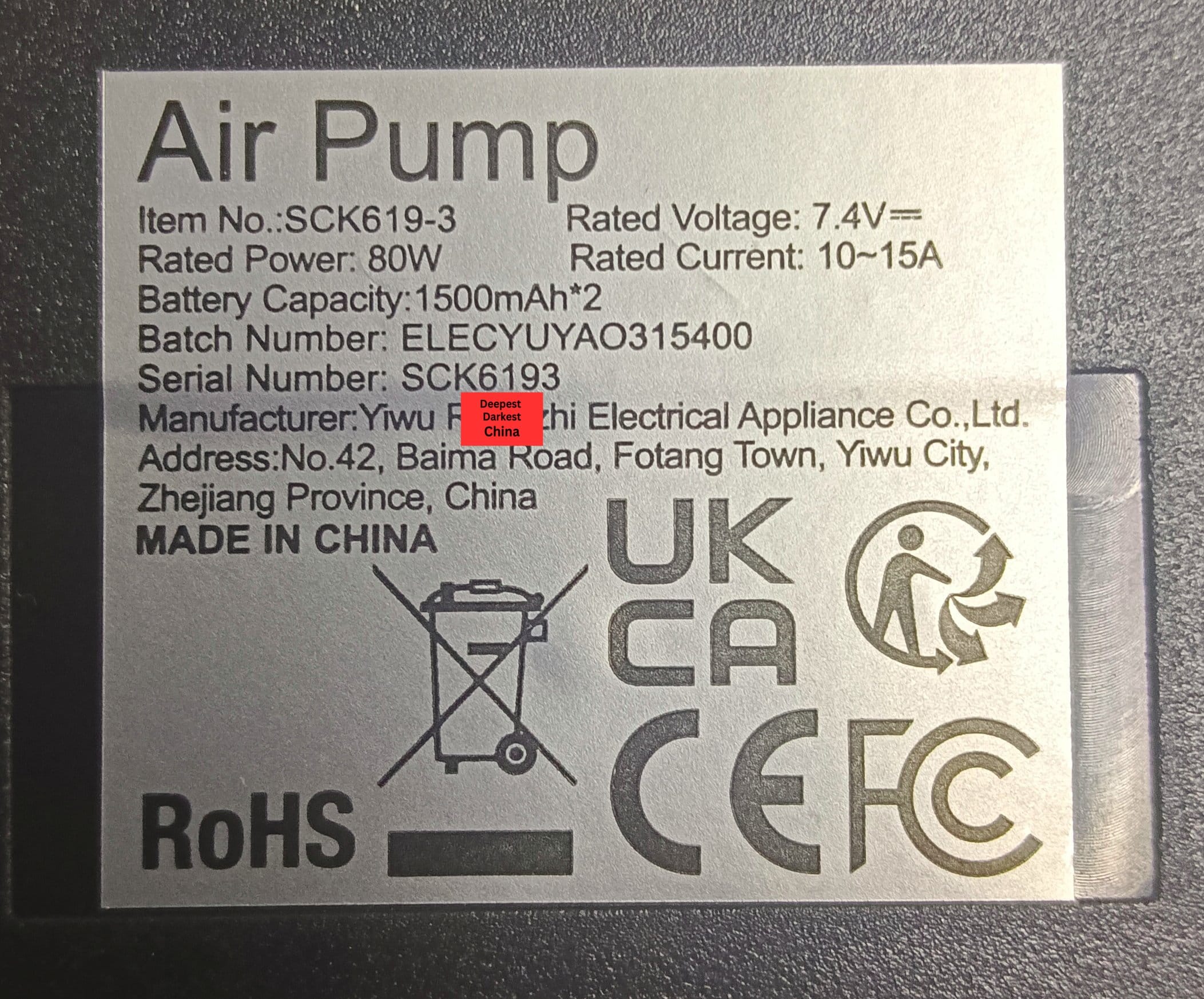 Specifications sticker on the SCK619-3 air pump