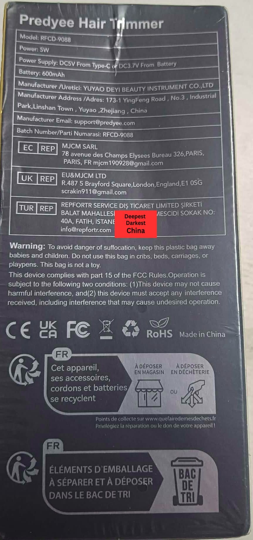 Display box for Predyee RFCD-9088 Hair Trimmer (Rear)