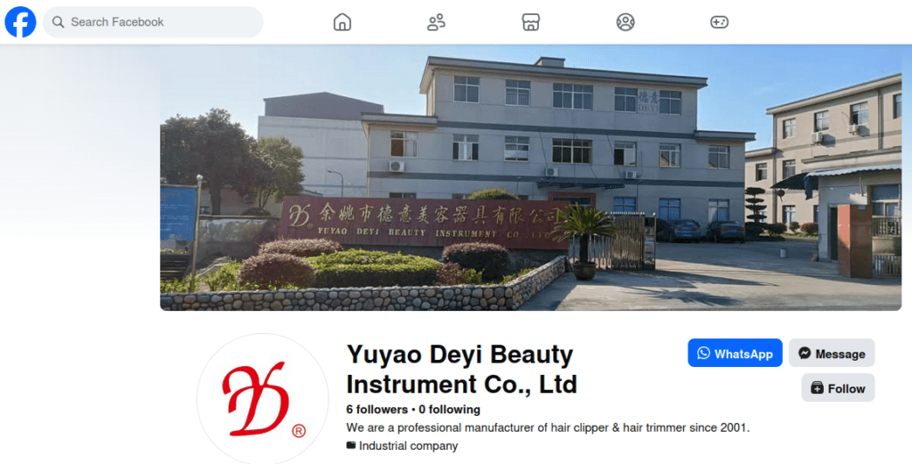Facebook page for YUYAO DEYI BEAUTY INSTRUMENT CO. LTD