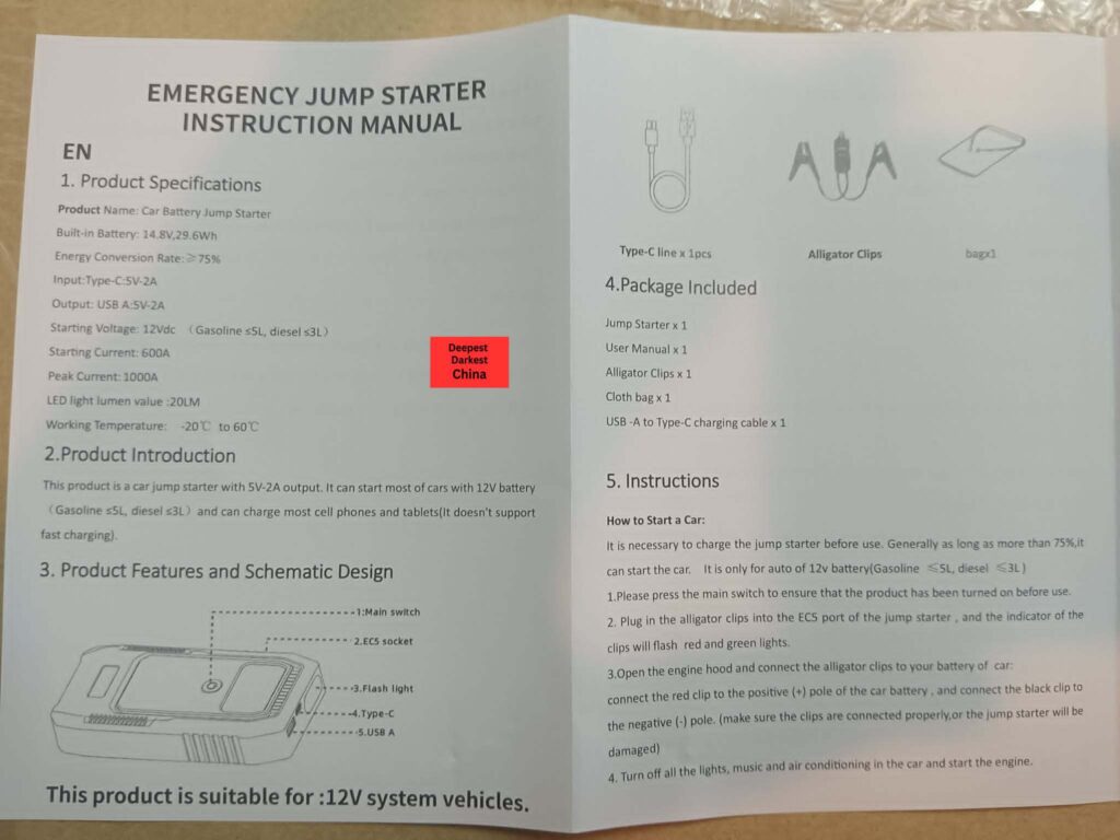 Instruction manual for T-704 Jump Starter