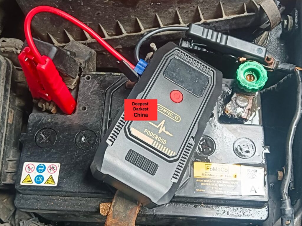 T-704 Jump Starter in real world test connected to a car battery